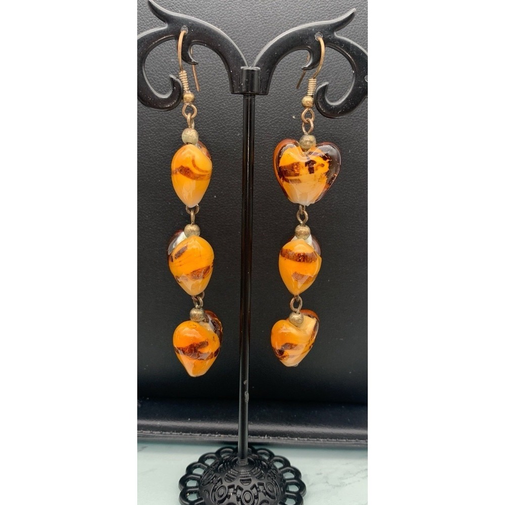 Amber Art Glass Heart Dangle‎ Earrings With Sparkly Golden Swirls